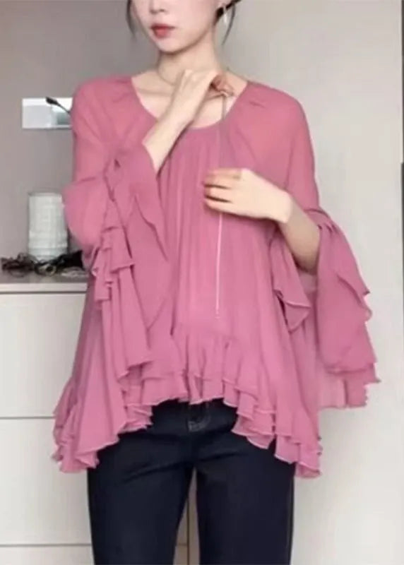 Organic Pink O-neck Tie Lace Chiffon Shirts Flare Sleeve