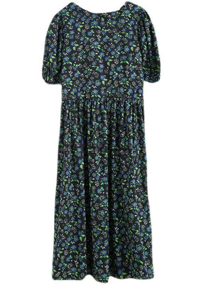 Black Loose Square Collar Print Pockets Summer Robe Dresses Puff Sleeve