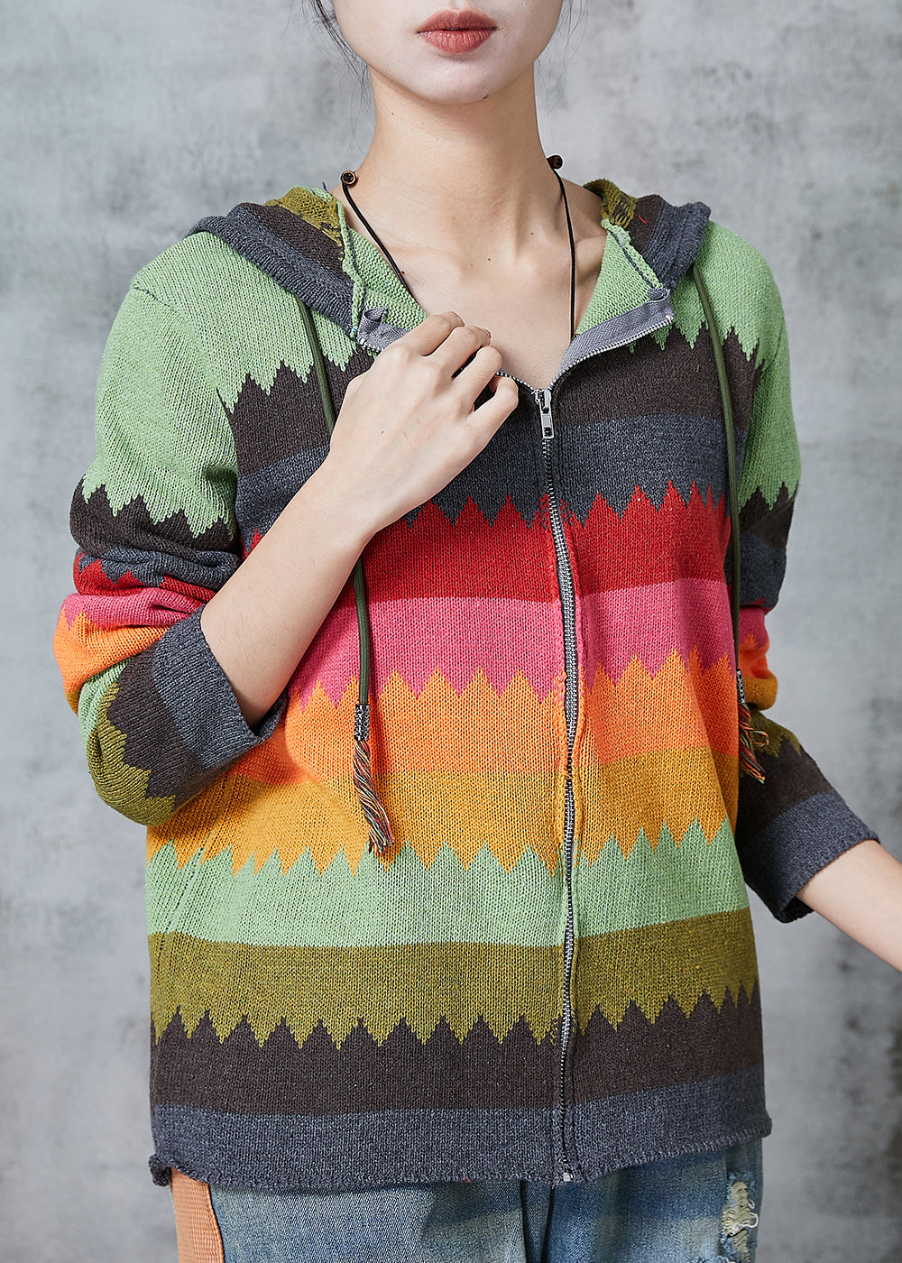 Green Hooded Print Knit Coat Spring