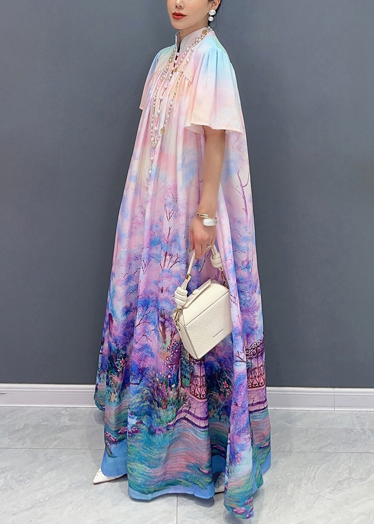Violet Print Tie Waist Cotton Shirts Long Dresses Summer