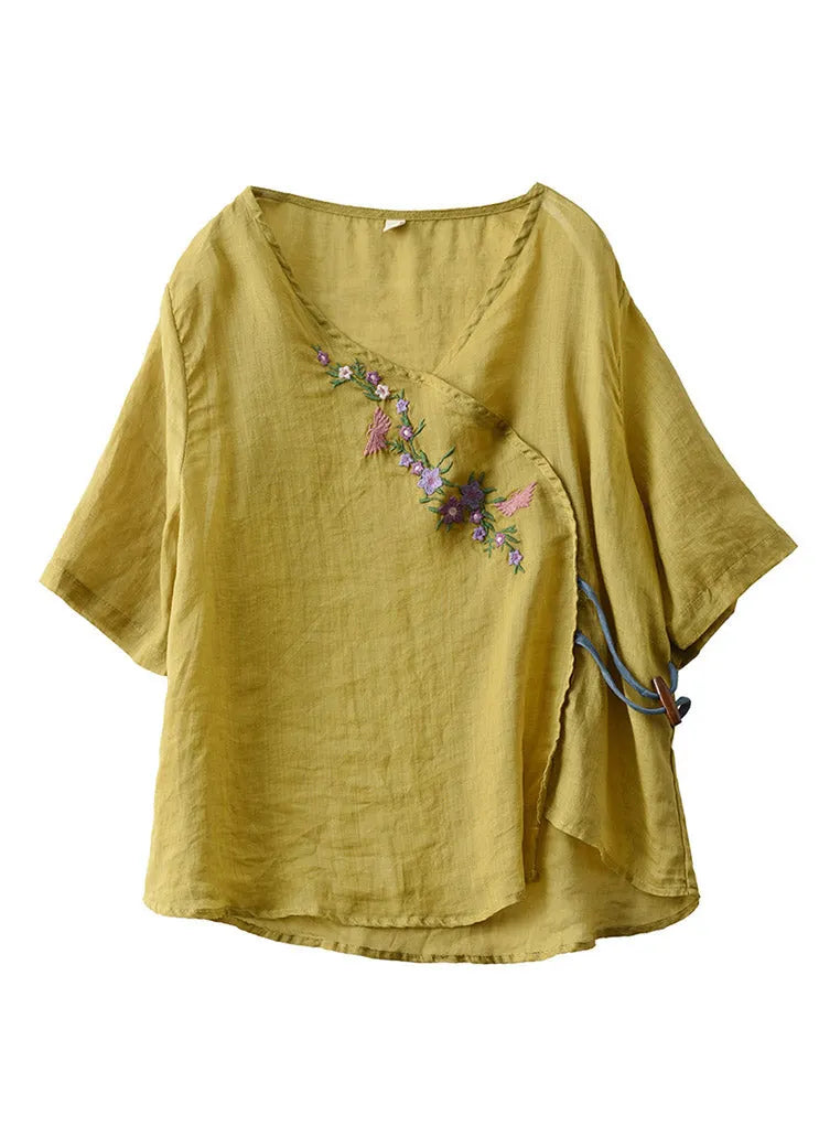 Unique Yellow V Neck Embroideried Linen T Shirt Half Sleeve