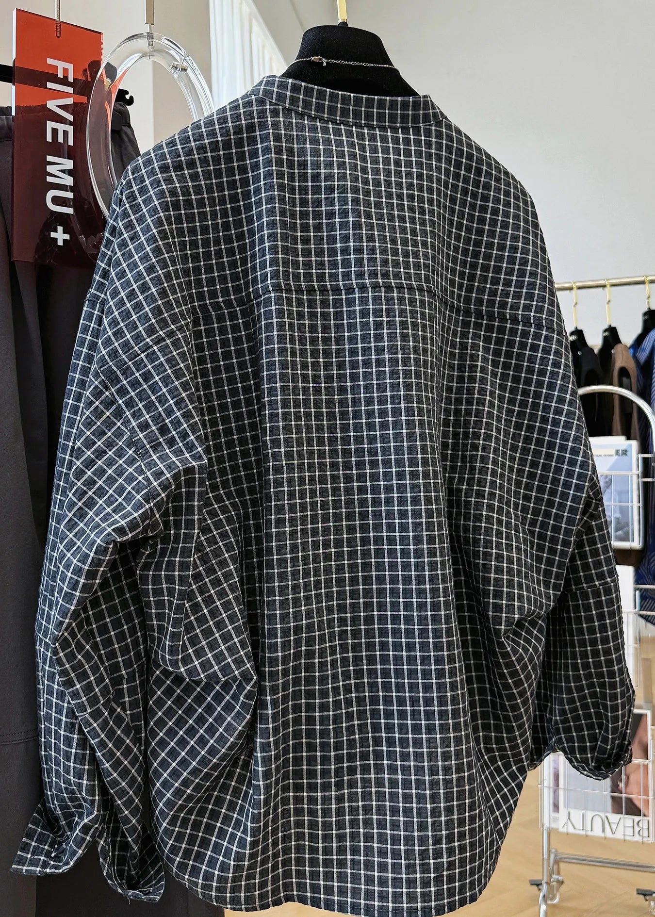 Black Plaid Stand Collar Pockets Cotton Shirt Top Fall