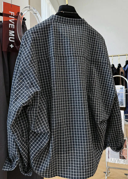 Black Plaid Stand Collar Pockets Cotton Shirt Top Fall
