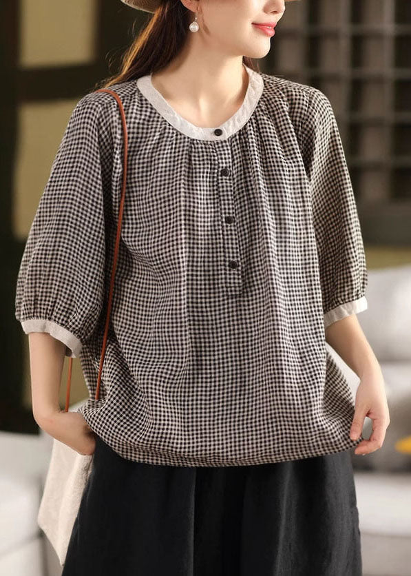 Brown Plaid Linen Top Oversized Half Sleeve Fall