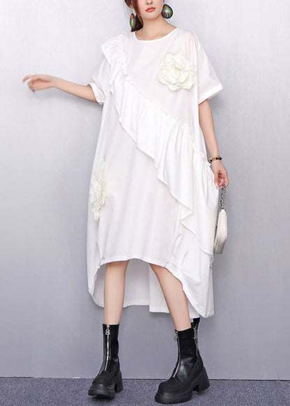 Summer White Asymmetrical Ruffle Dress 3d Accents