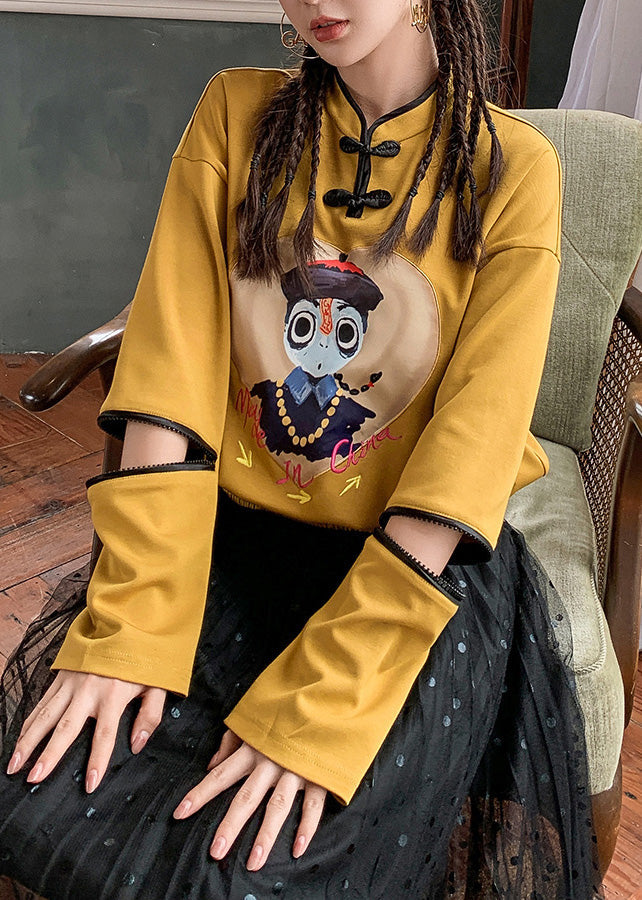 Yellow Stand Collar Print Button Sweatshirt Long Sleeve