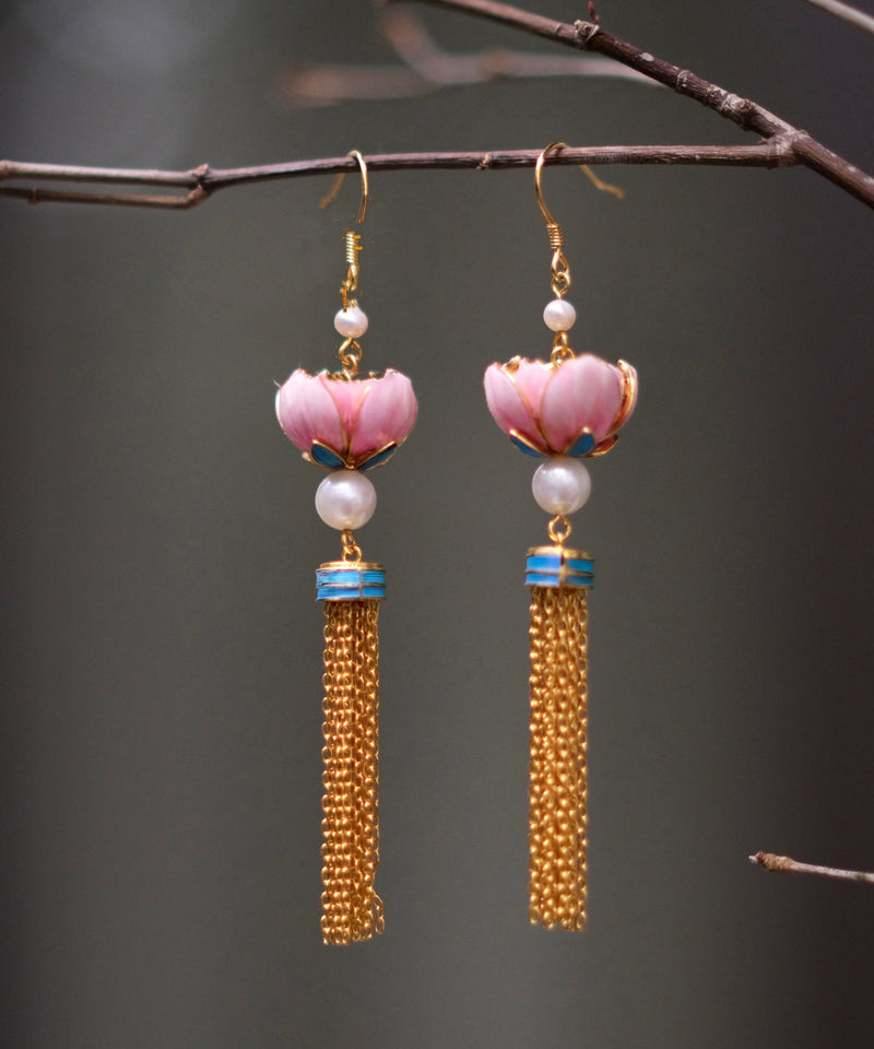 Pink Sterling Silver Overgild Feathers Inlaid Lotus Drop Earrings
