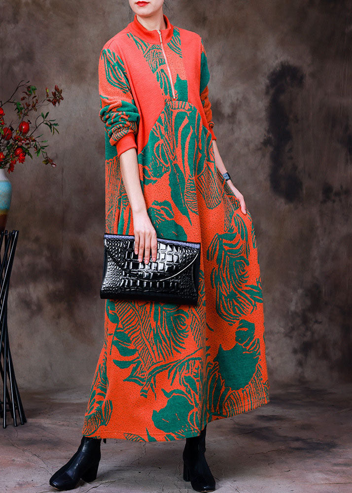 Orange Stand Collar Zip Up Jacquard Knit Robe Dresses Long Sleeve