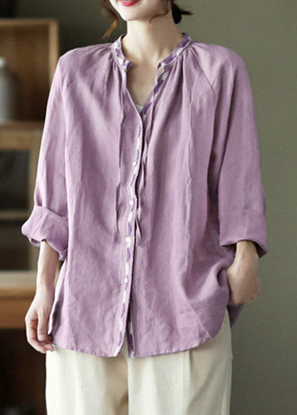 Novelty Purple V Neck Embroideried Neck Tie Linen Shirt Long Sleeve