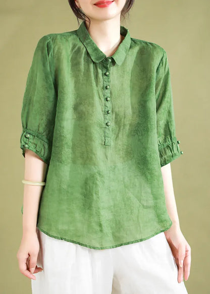 Red Peter Pan Collar Patchwork Button Linen Shirts Half Sleeve
