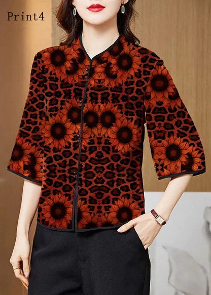 White Geometry Mandarin Collar Print Silk Shirt Tops Half Sleeve