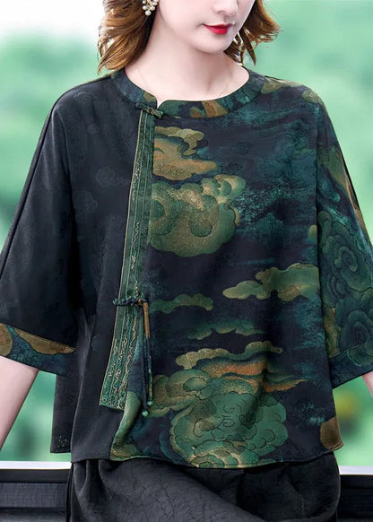 Green O-neck Print Patchwork Top Bracelet Sleeve