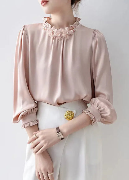 Pink Ruffled Chiffon Tops Spring
