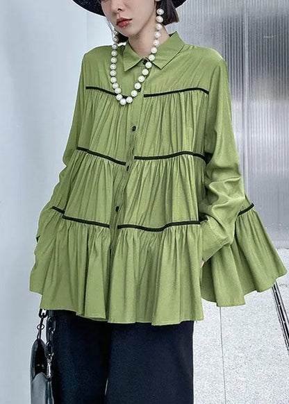 Organic Green Peterpan Collar Button Wrinkled Fall Blouses Long Sleeve