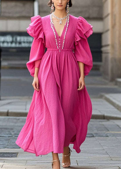 Rose Ruffled Nail Bead Cotton Party Dress Fall