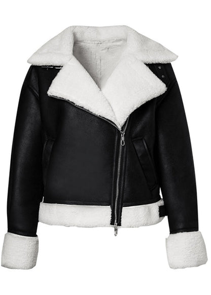 Black Peter Pan Collar Pockets Warm Fleece Pu Coats Winter