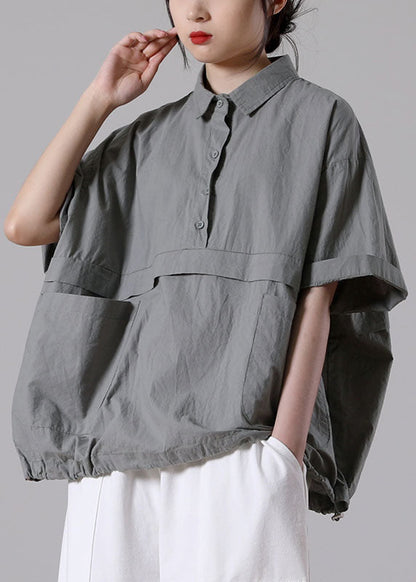 Grey Oversized Pockets Color Cotton Shirts Short Sleeve