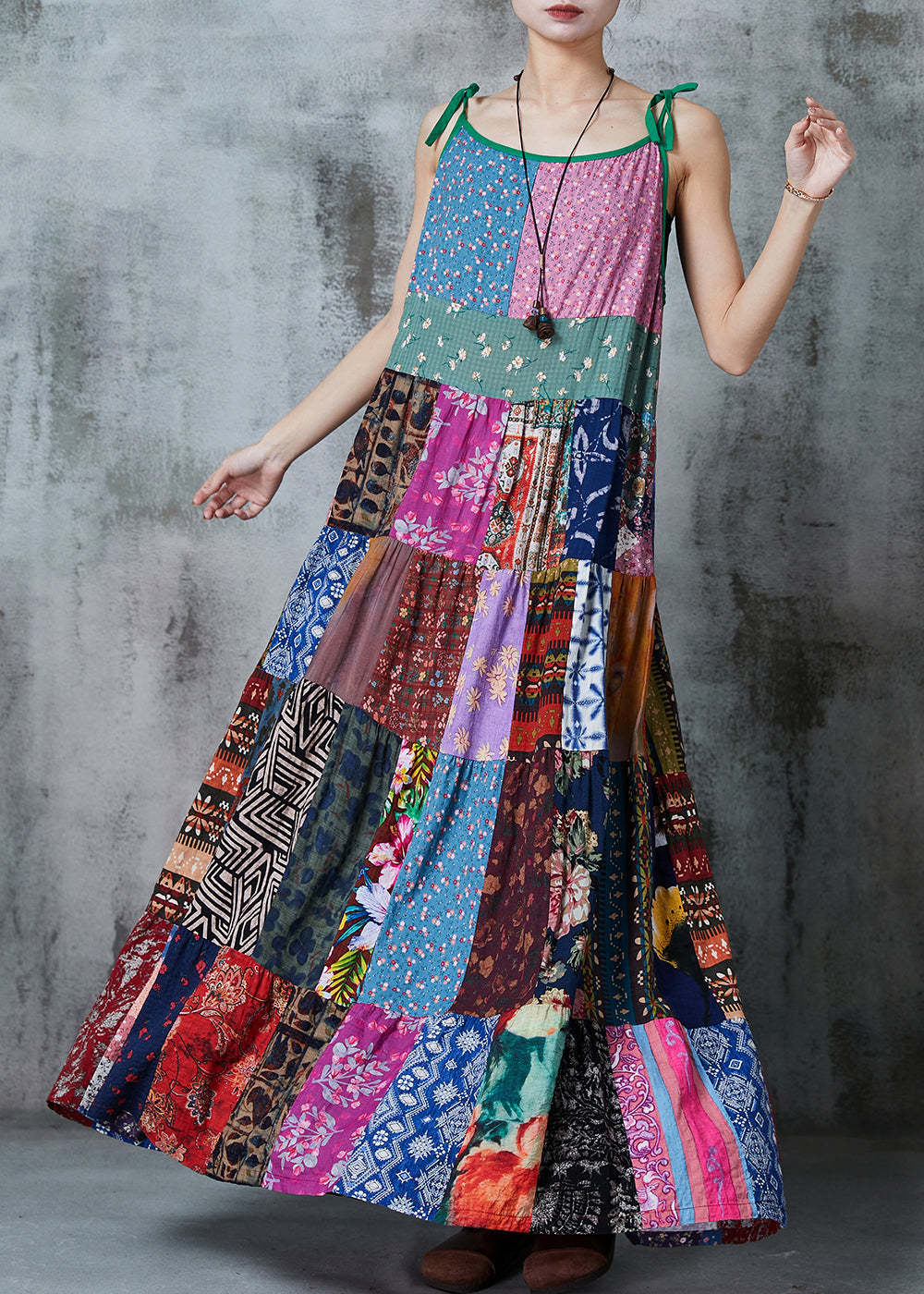 Color Block Patchwork Exra Large Hem Cotton Spaghetti Strap Dress Summer