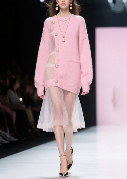 Pink Patchwork Tulle Pearl Knitted Dress Fall