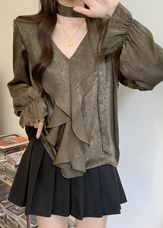 Tea Green V Neck Ruffles Chiffon Tops Fall