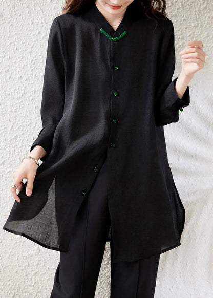 Loose Black Button Side Open Chiffon Blouse Fall