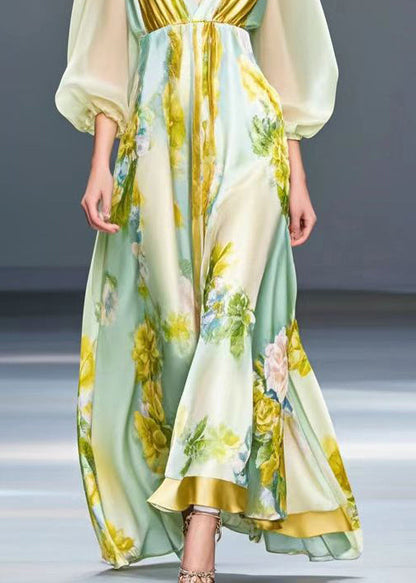 Light Green V Neck Print Silk Holiday Dress Fall
