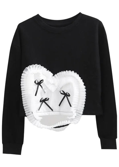Handmade Black O-neck Tulle Patchwork Warm Fleece Pullover Street Wear Spring
