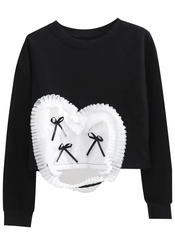Handmade Black O-neck Tulle Patchwork Warm Fleece Pullover Street Wear Spring