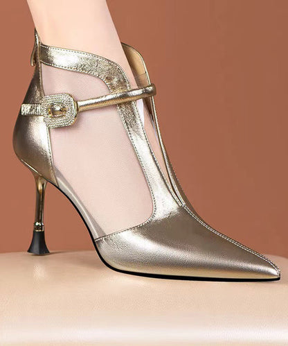 Fashionable and Gold High Heeled Pointed Mesh Boots