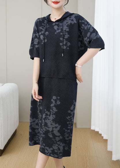 Navy Hooded Jacquard Patchwork Knit Two Piece Set Fall