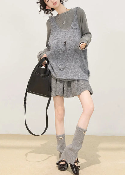 Art Grey Oversized Knit Vests Winter
