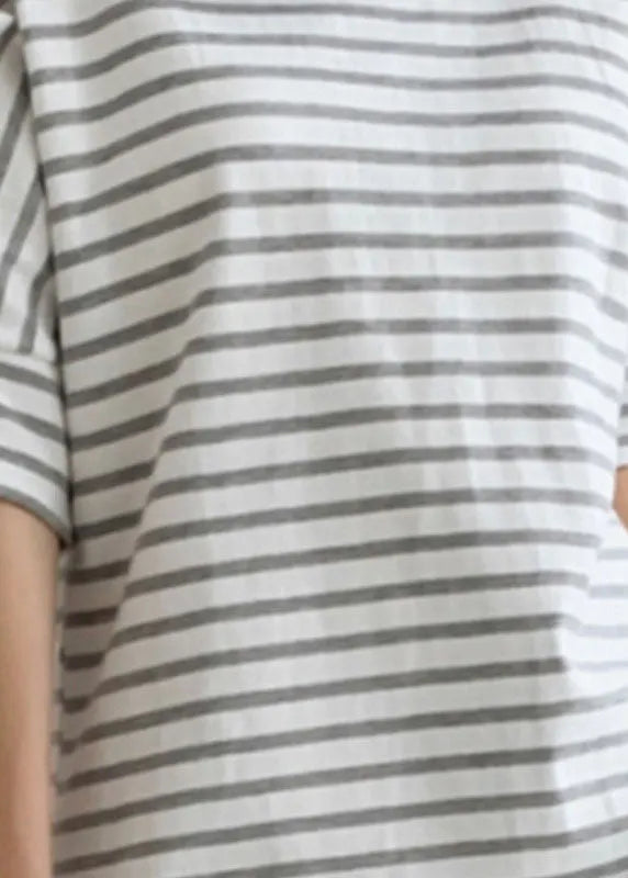 Diy Grey Striped O Neck Cotton T Shirt Tops Puff Sleeve