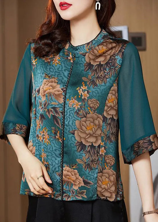Vogue Yellow Stand Collar Print Patchwork Clairvoyant Perspective Shirts Half Sleeve