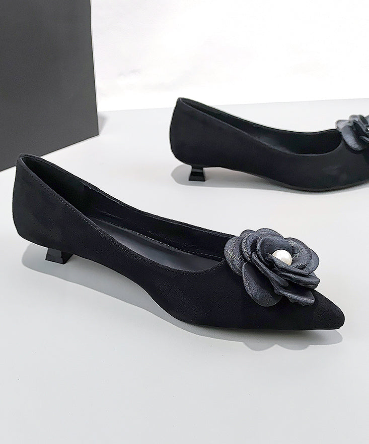 Black Suede Splicing Kitten Shoes Pointed Toe