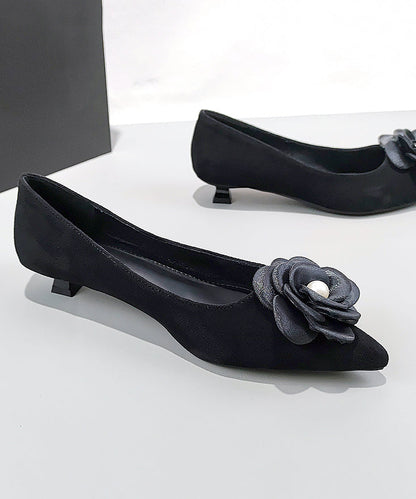 Black Suede Splicing Kitten Shoes Pointed Toe