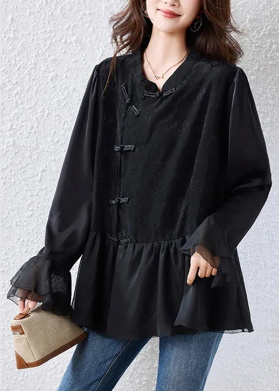 Black Chinese Button Patchwork Silk Shirt Tops Flare Sleeve