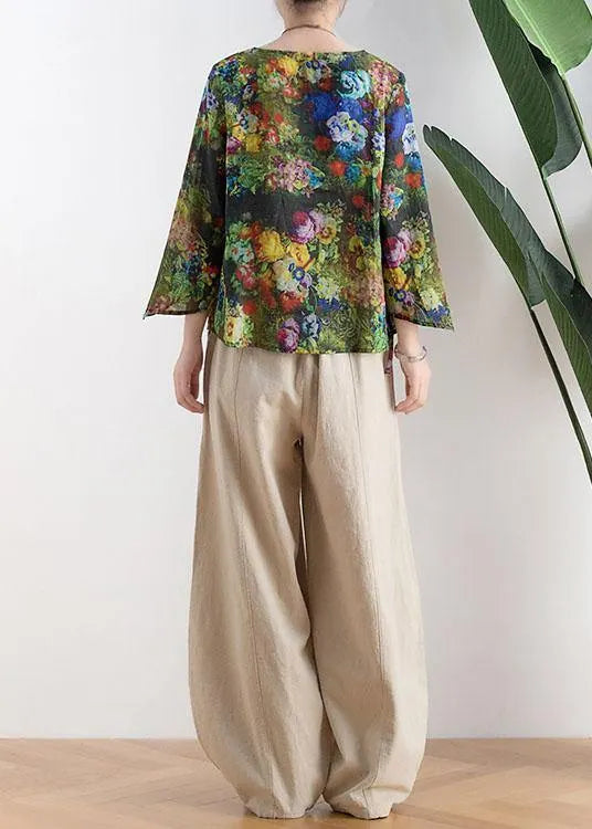 Green Print Tie Waist Linen Summer Shirt Top