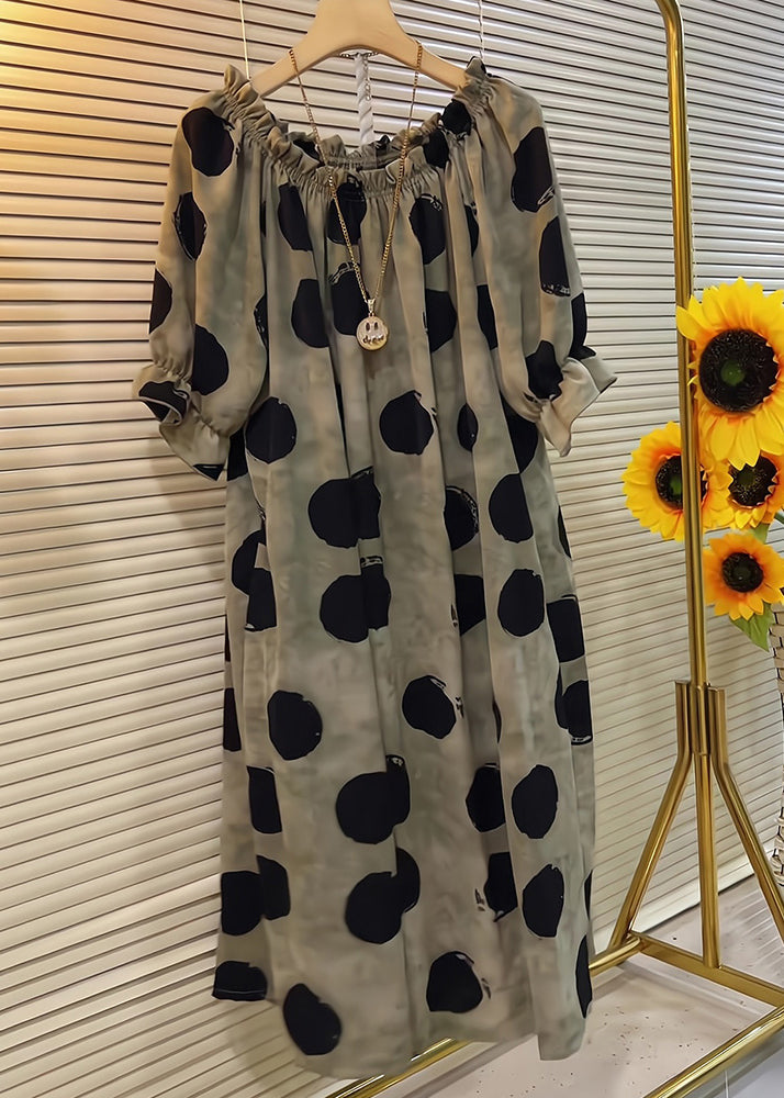 French Khaki Ruffled Dot Cotton Dress Butterfly Sleeve Summer
