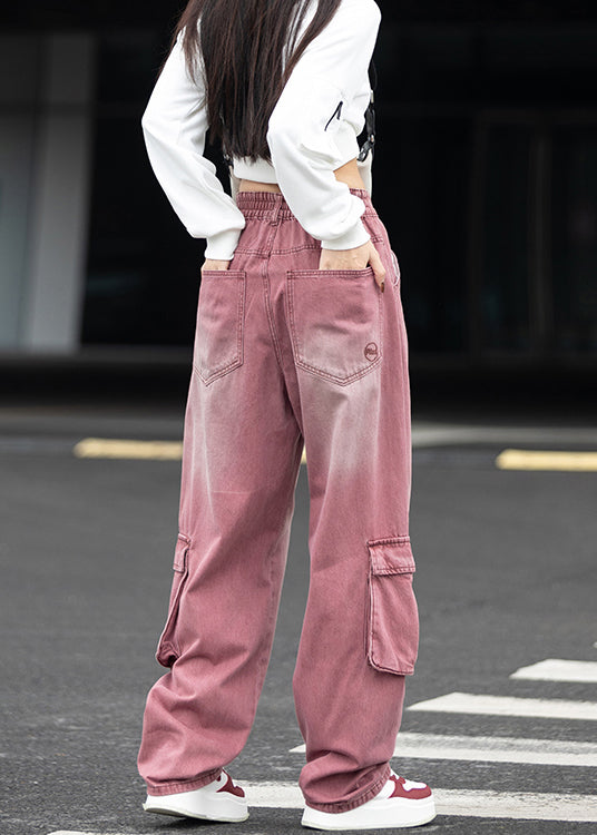 Pockets Patchwork Denim Wide Leg Pants Fall