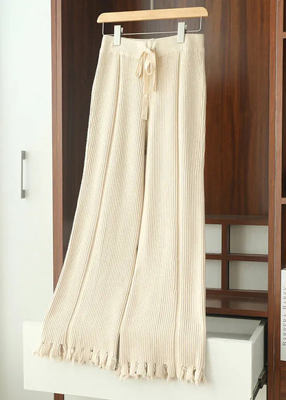 Slim Fit Coffee Tasseled Drawstring Knit Flared Trousers Spring