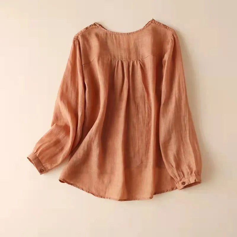 Organic V Neck Spring Tops Tunic Tops Army Green Embroidery Blouse