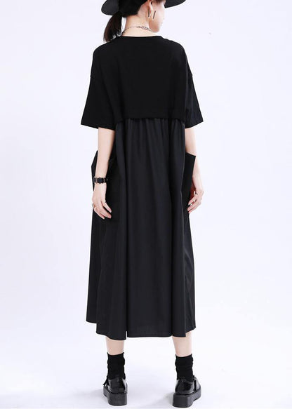 Comfy Black Patchwork Pockets Summer Cotton Dress