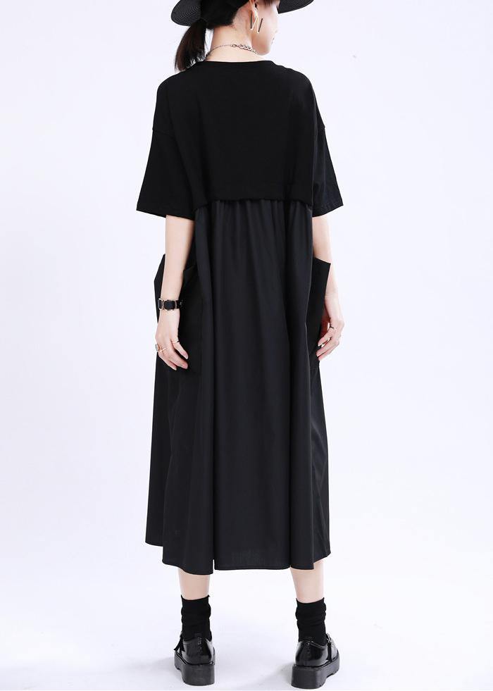 Comfy Black Patchwork Pockets Summer Cotton Dress