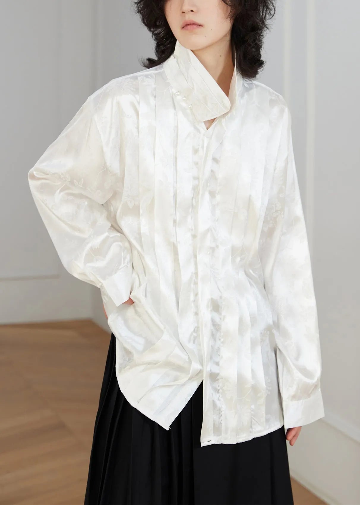 White Jacquard Button Loose Silk Shirt Top Stand Collar