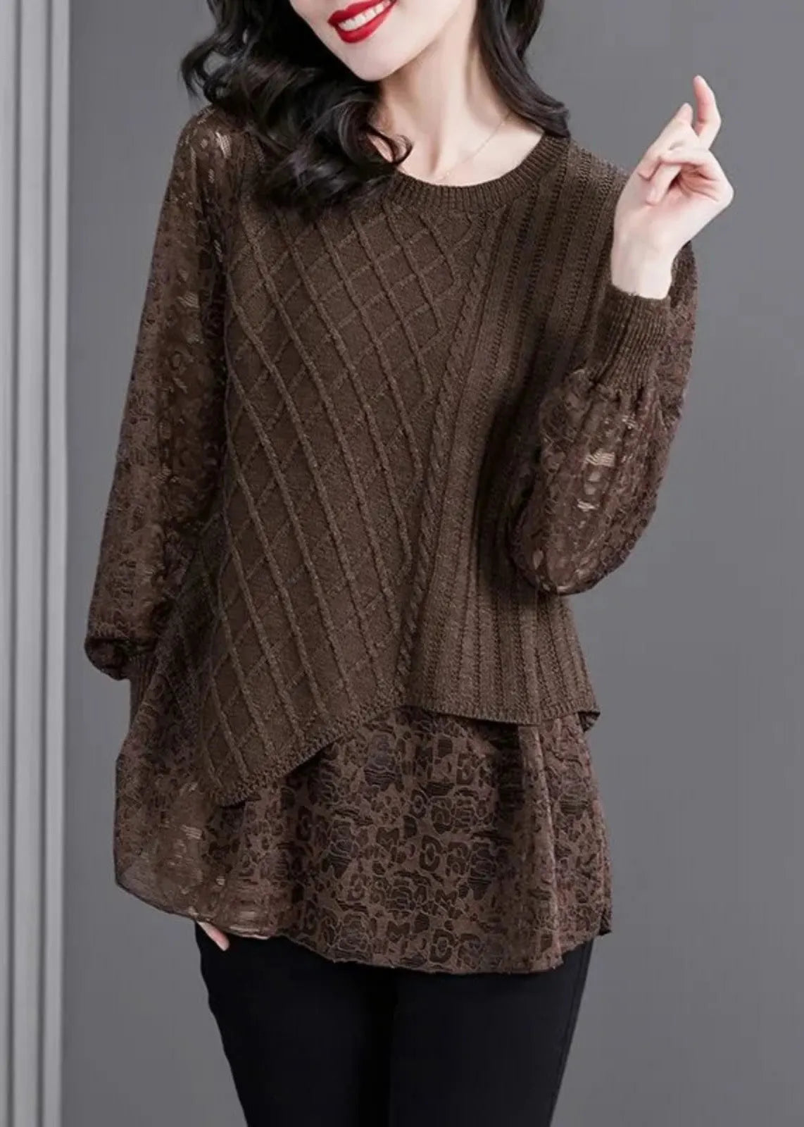 Coffee O-neck Knit Patchwork Fake Two Pieces Top Fall