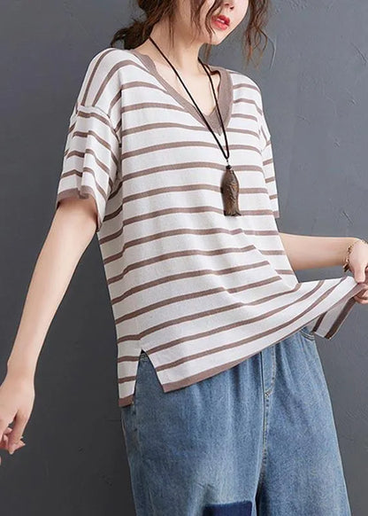Khaki Striped Side Open Cotton Linen Summer Tops