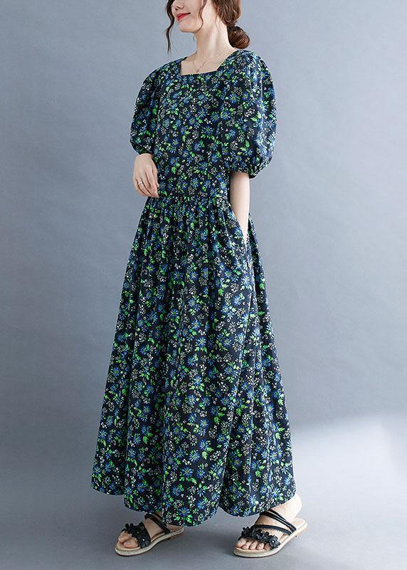 Black Loose Square Collar Print Pockets Summer Robe Dresses Puff Sleeve