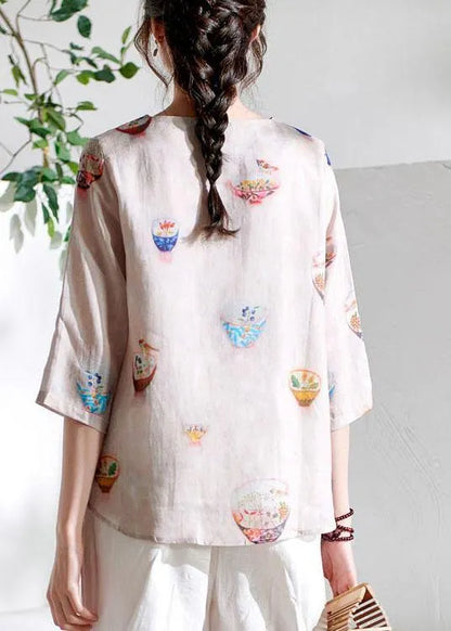 Beige Patchwork Print Button Summer Ramie Top