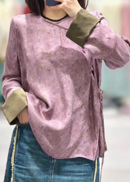 Chinese Style Yellow Button Print Lace Up Silk Shirt Long Sleeve