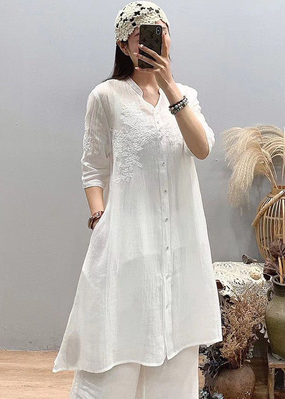 Fitted White Stand Collar Embroideried Linen Long Shirts Three Quarter Sleeve
